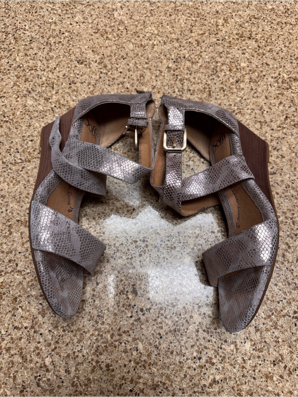 Sofft Metallic Silver Snake-Print Strappy Wedge
